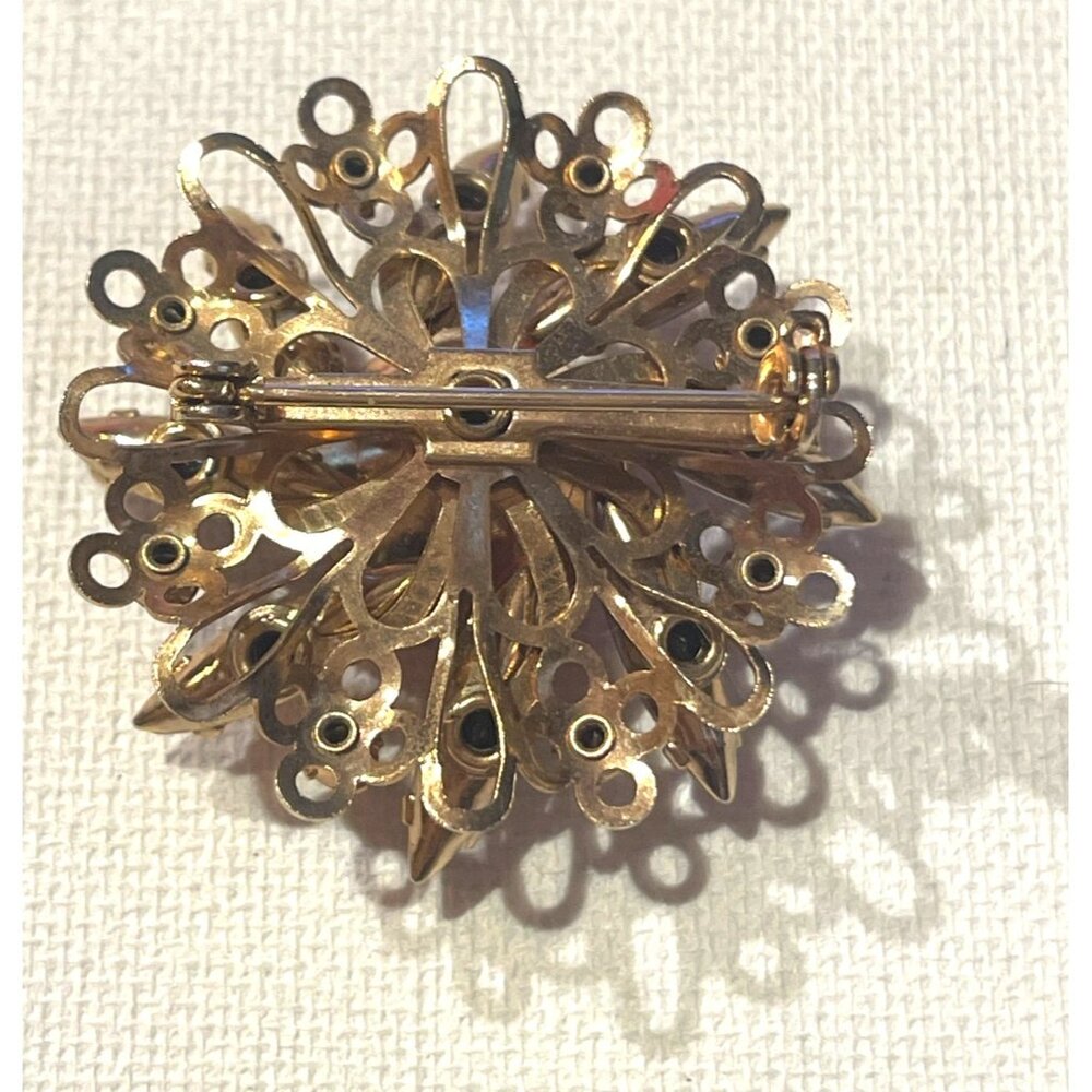 Pink and Gold Tone Retro Floral Brooch Vtg Jewelry Atomic Starburst Type Pattern - Picture 5 of 8